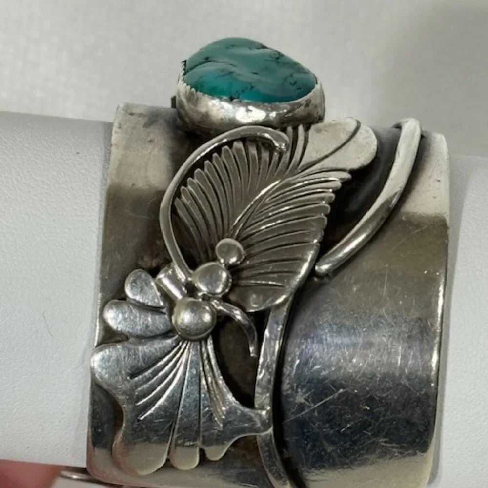 Signed Edison Piaso heavy gauge silver and Sonoran Gold turquoise cuff bracelet.